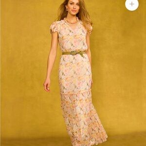 Romantic Pink & Cream Floral Maxi Dress with Ruffle Detail